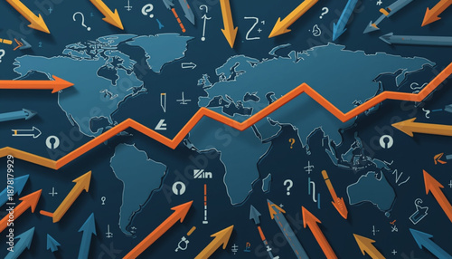 A vector graphic illustration of a world map with arrows and symbols representing global trends and data analysis
