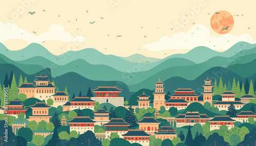 A serene and vibrant vector illustration of a traditional Asian town nestled in the mountains under a peaceful sky