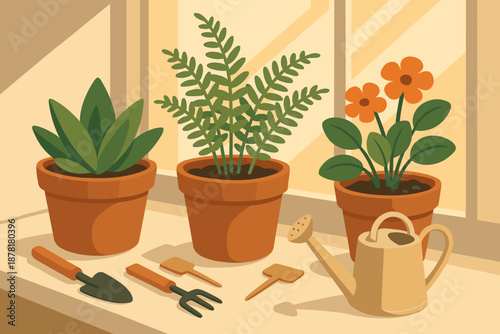Scene illustration houseplant care highlighting can leaves watering vector small nearby windowsill
