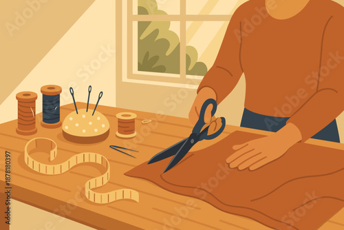 Fabric cozy sewing vector cushion needles illustration workspace measuring spools scissors sunlight