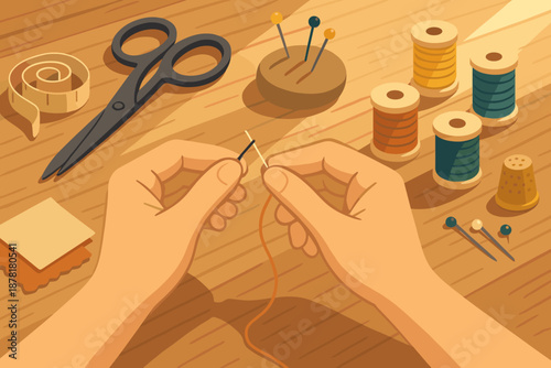 Illustration needle spools sewing table tools objects vector thimble measuring pieces tape