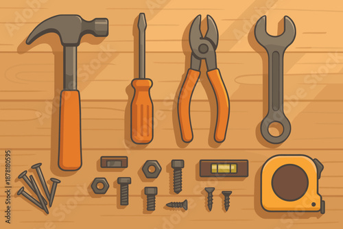 Essentials view toolbox vector bolts tape workbench small arranged illustration screws hammer