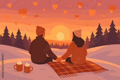 Behind watching illustration cozy air mugs couple romance lanterns trees winter sunset