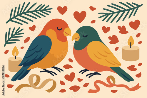 Petals vector lovebirds minimalist abstract composition colorful illustration romantic winter cozy