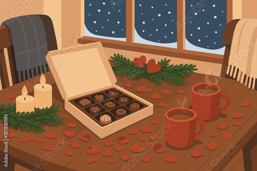 Winter cozy illustration vector romance cocoa frosty chocolates pine window nearby blankets