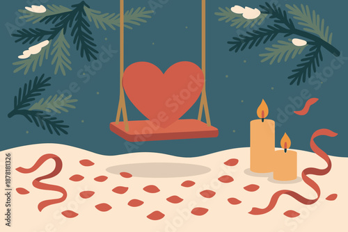 Romance ribbons swing ground vector heart winter composition abstract candles petals illustration