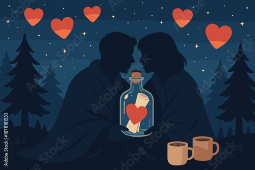 Nearby note starry cocoa scene winter romance holding surrounding illustration sky lanterns