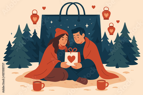 Winter vector gift blanket night illustration sitting cozy them sky romantic draped