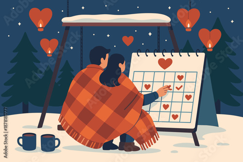 Cozy starry winter couple romance vector illustration over draped them lanterns pine