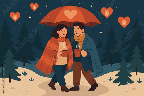 Lightly walk romantic above winter heartwarming draped vector illustration their together snow
