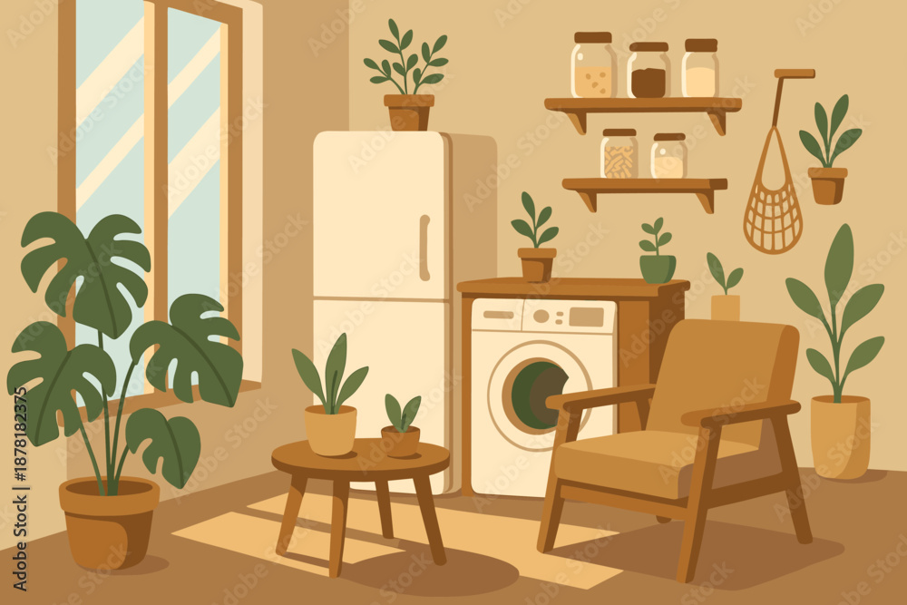 Fototapeta premium Living cozy illustration plants wooden eco calm potted vector window through indoor