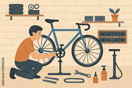 Wrench wheel bicycle illustration garage vector repair including organized pump lever scene