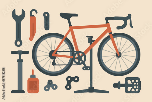 Tools vector pedals repair arranged including illustration wrench neatly chain bicycle stand