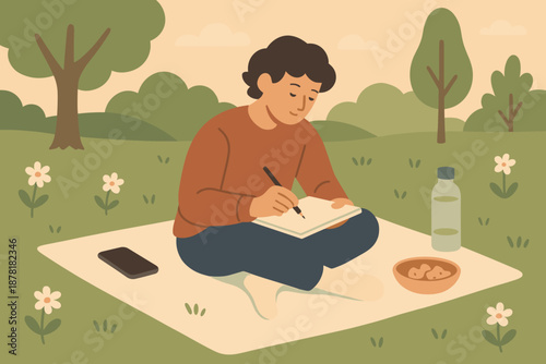 Retreat sketching while illustration placed bottle blanket afternoon outdoor person water vector