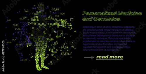 Cyber-futuristic data-pointillism vector illustration representing a personalized human genome map. Concept for personalized medicine, genomics-driven healthcare, precision therapy and DNA profiling.