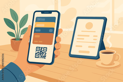 Digital illustration multiple wallet smartphone balance indicator vector nearby desk details