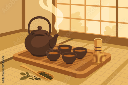 Filtering ritualistic ritual sliding soft tea mat illustration vector through tranquil sunlight