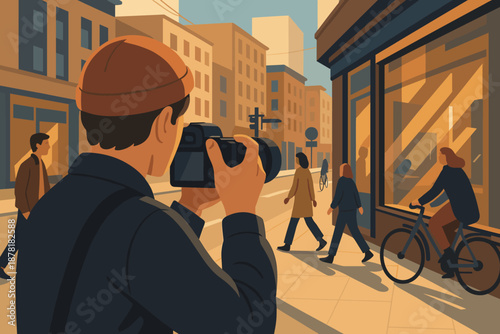 Street urban sunlight walking shop vector background illustration camera photography bicycles city