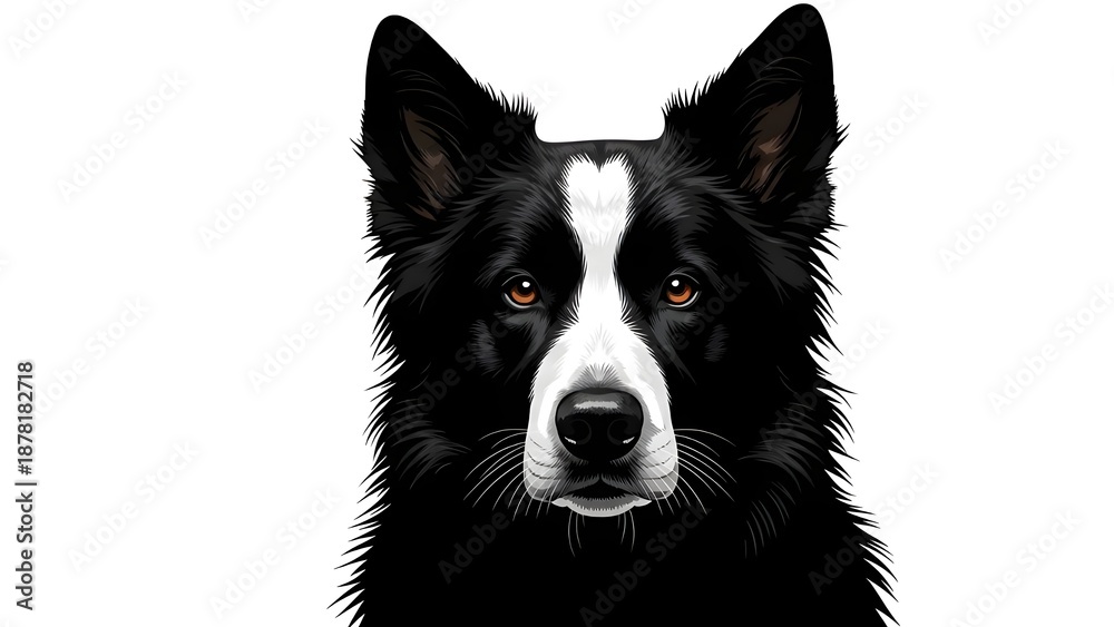 Fototapeta premium Vibrant digital art of a Border Collie, highlighting its distinctive black-and-white coat and alert amber eyes against a clean white background.