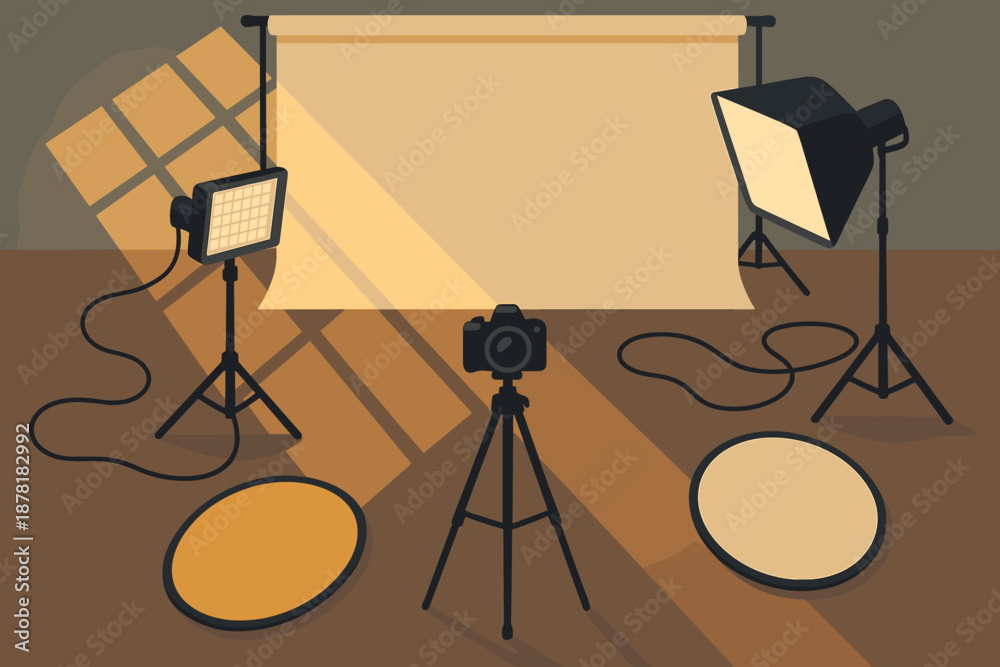 Obraz premium Tripod view backdrop camera led setup floor studio illustration lighting vector lights