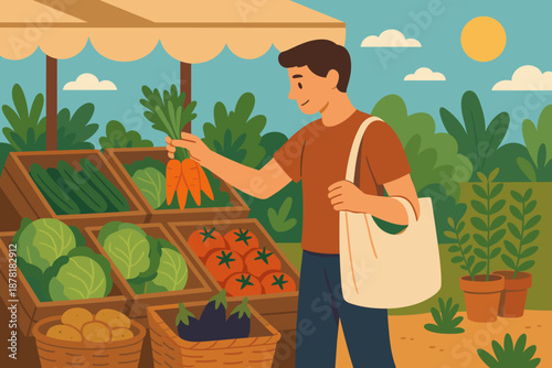 Hand friendly eco vegetables wooden display vector bag organic produce market illustration