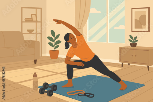 Illustration home mat workout stretches scene vector room minimalist streaming resistance small