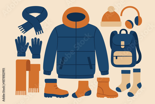 Winter essentials boots gear accessories thermal flat abstract vector including illustration gloves