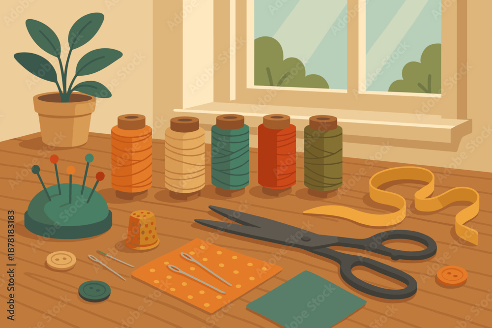 Obraz premium Sewing workspace fabric thimble pins sunlight vector illustration measuring table cozy wide