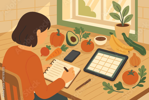 Vector illustration sunlight sitting planning setup notebook cozy smartphone meal