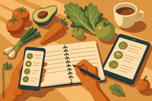 Weekly coffee highlighting smartphone cup tablet illustration table prep handwritten meal vector