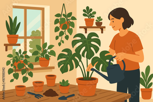 Illustration cozy indoor plant tools watering variety care shelves can nearby vector