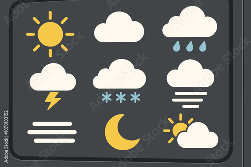 Foggy rainy showing simple sunny scheme screen flat icons vector digital illustration