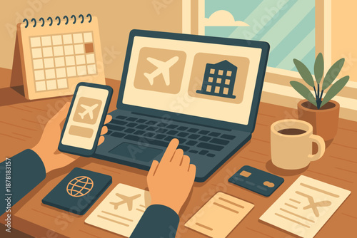 Vector through out online card coffee itinerary desk flight illustration booking travel