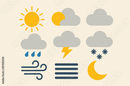 Icons partly arranged weather vector illustration wind fog storm collection flat minimal