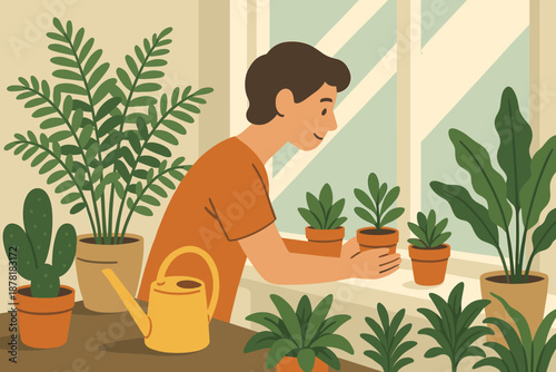 Vector windowsill plants person illustration arranged highlights routine other around can care