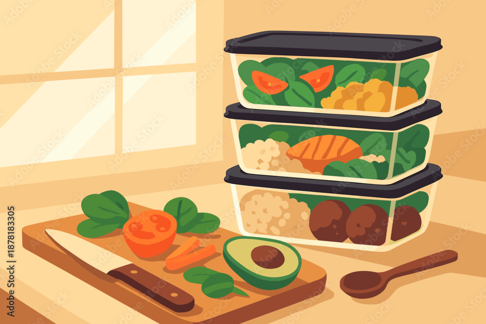 Obraz premium Proteins knife salads prep filled ingredients containers grains view illustration meal vector