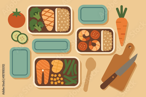 Cutting lids meal illustration composition spoon vector proteins kitchen containers prep balanced