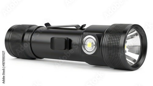 Black LED flashlight with textured grip in bright studio lighting on white background for utility and safety.