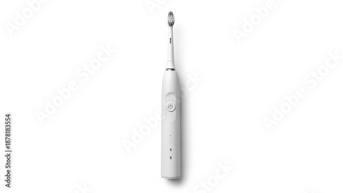 Electric toothbrush with clean white design in bright studio lighting on a plain white background for dental hygiene advertising.