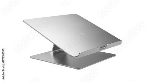 Laptop stand minimalist metallic silver on white background for ergonomic workspace.