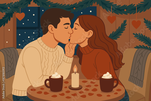 Winter vector couple romance ornaments illustration scattered blankets warm holiday softly mugs