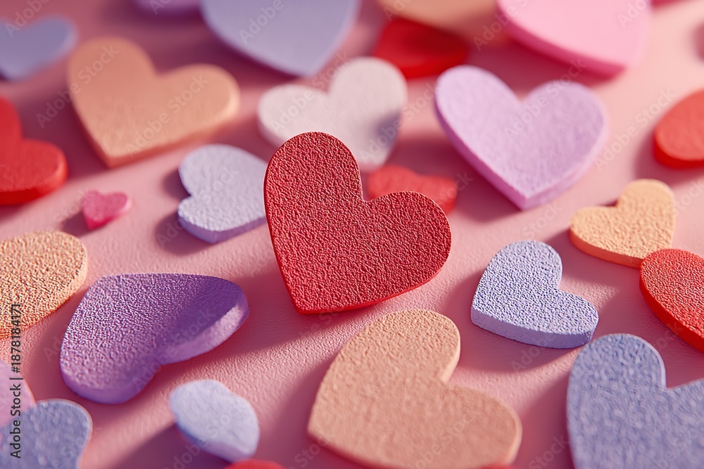 Obraz premium Colorful hearts scattered on pink background for Valentine's Day