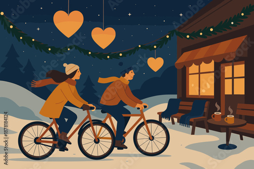 Illustration nearby romance starry bicycles blankets floating winter biking area vector lanterns