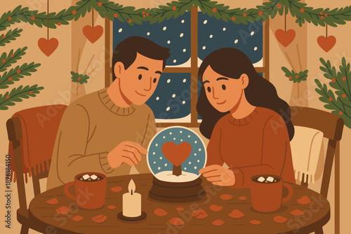 Sitting illustration candlelit winter cozy nearby scene vector romance petals table falling