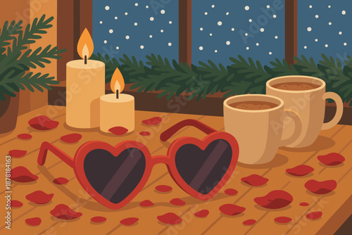 Cozy window garlands vector heart wooden winter outside sunglasses illustration glowing snow