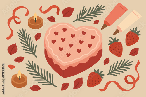 Cozy icing heart abstract tubes romantic flat vector branches cake winter illustration