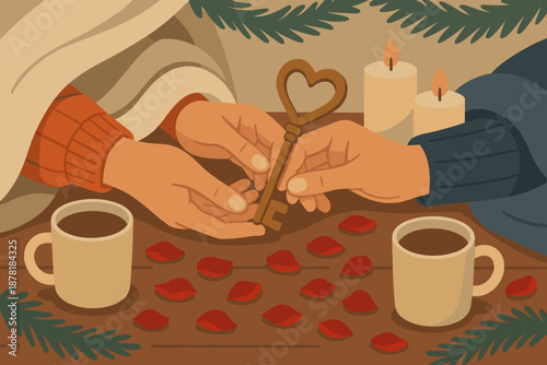 Cocoa candles cozy illustration holding heart around vector hands softly together key