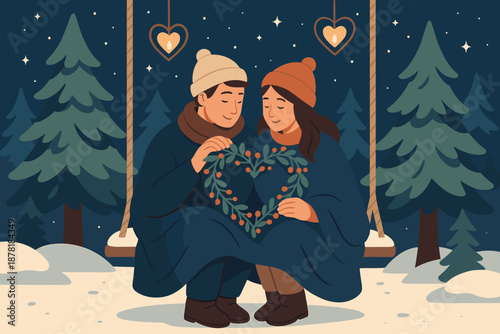 Sky blankets vector illustration night trees cozy winter floating pine romance nearby