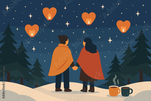 Above winter romance mugs illustration couple wrapped romantic floating vector them stargazing