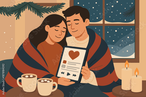 Playlist nearby winter decorating tablet scene vector pine garlands illustration cocoa cozy